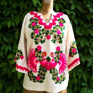 "Quetzalli" Peasant Top, Floral and Peacock Embroidered